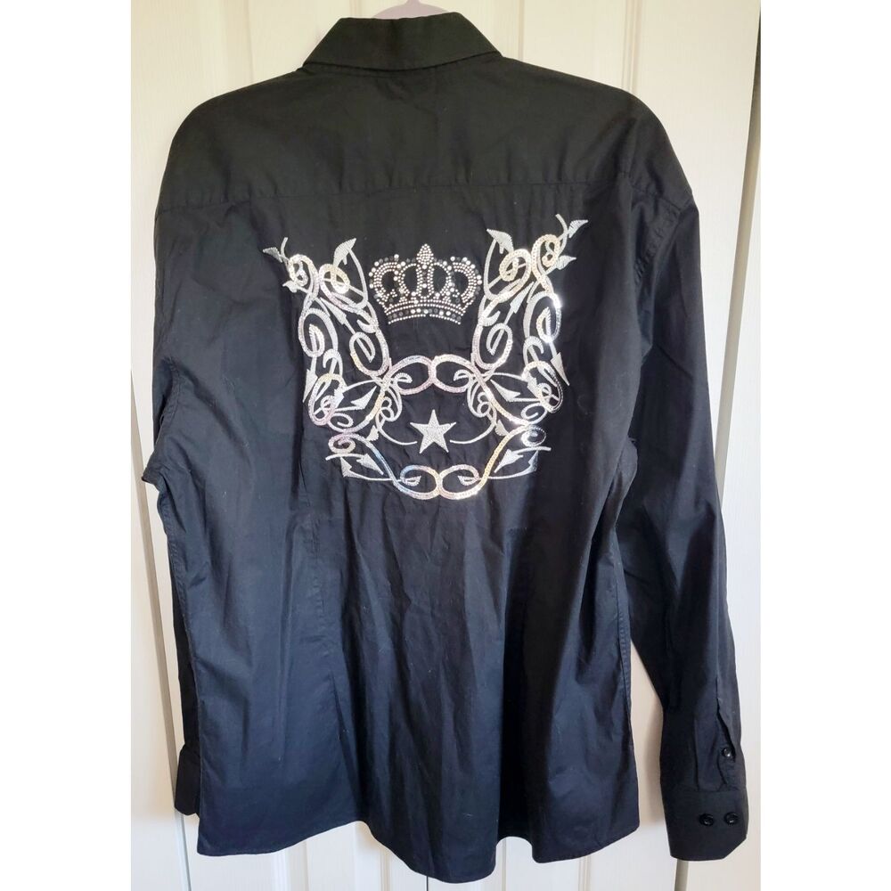 B&C‎ Collection XXXL Black Casual Button Up Long Sleeve Shirt Men's Crown Beaded